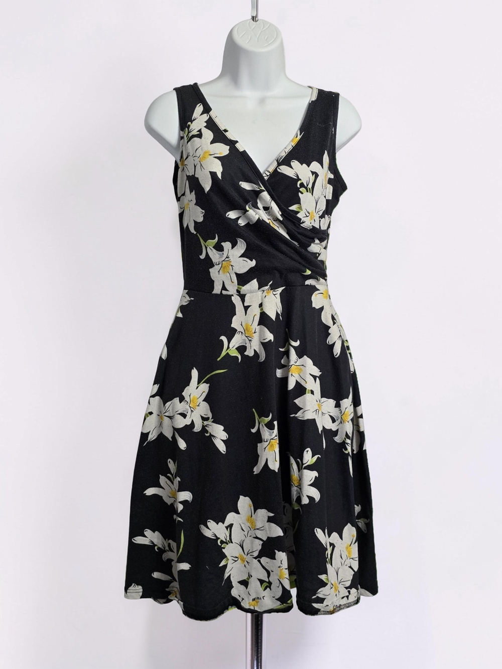 Sleeveless Black Floral Wrap Fit-and-Flare Dress